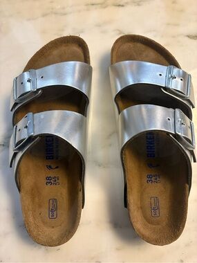 Birkenstock Arizona Silver Two-Strap Cork Sandals. Six 38.Worn once for a shoot